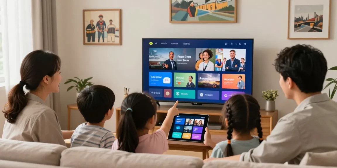 Engaging family enjoying a seamless IPTV service in their local home setting.