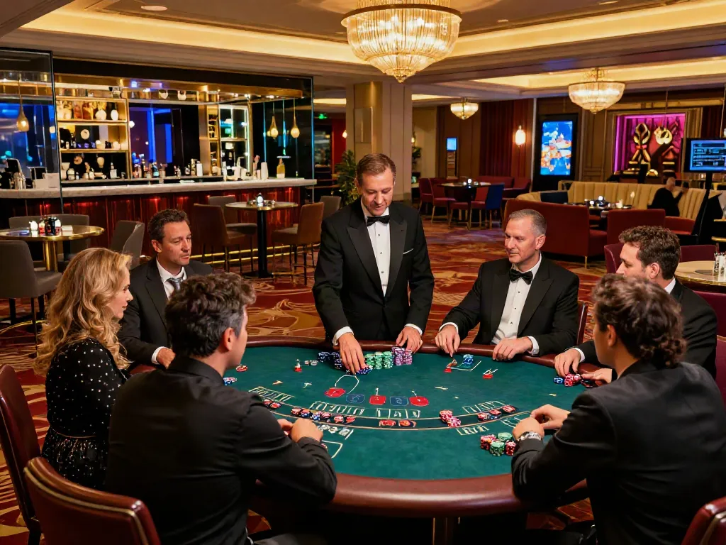 Exciting luxurious non UK casino scene featuring diverse players at blackjack table.