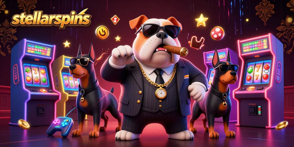 Experience thrilling gameplay with stellarspins, featuring a mafia bulldog surrounded by vibrant casino elements.