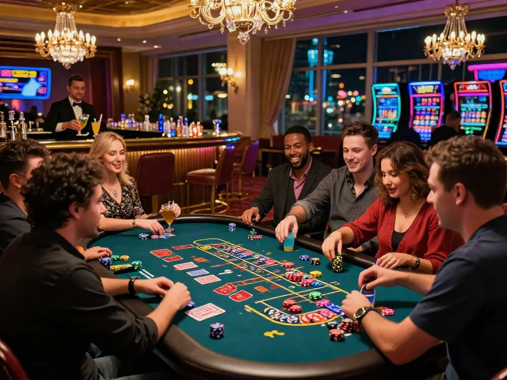 Players enjoying a thrill-filled game at non UK casinos, with vibrant décor and cocktails.