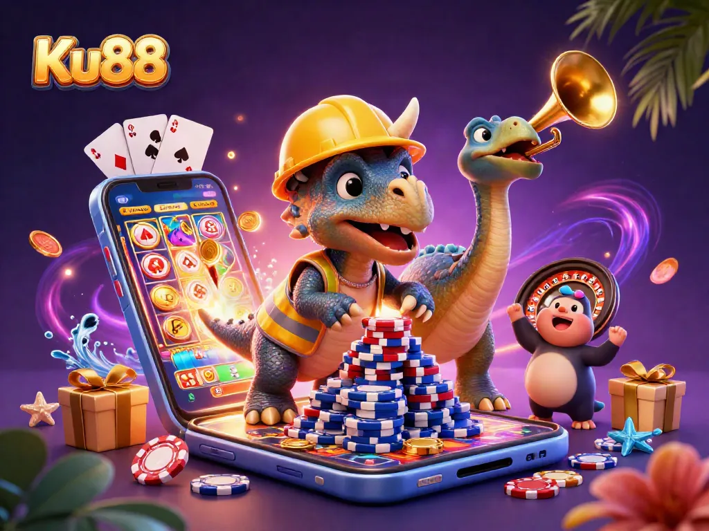 Ku88 offers a lively 3D illustration of a casino scene featuring a triceratops and thrilling gaming elements.