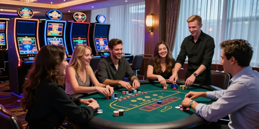 Friends joyfully playing blackjack in a vibrant non UK casino atmosphere.