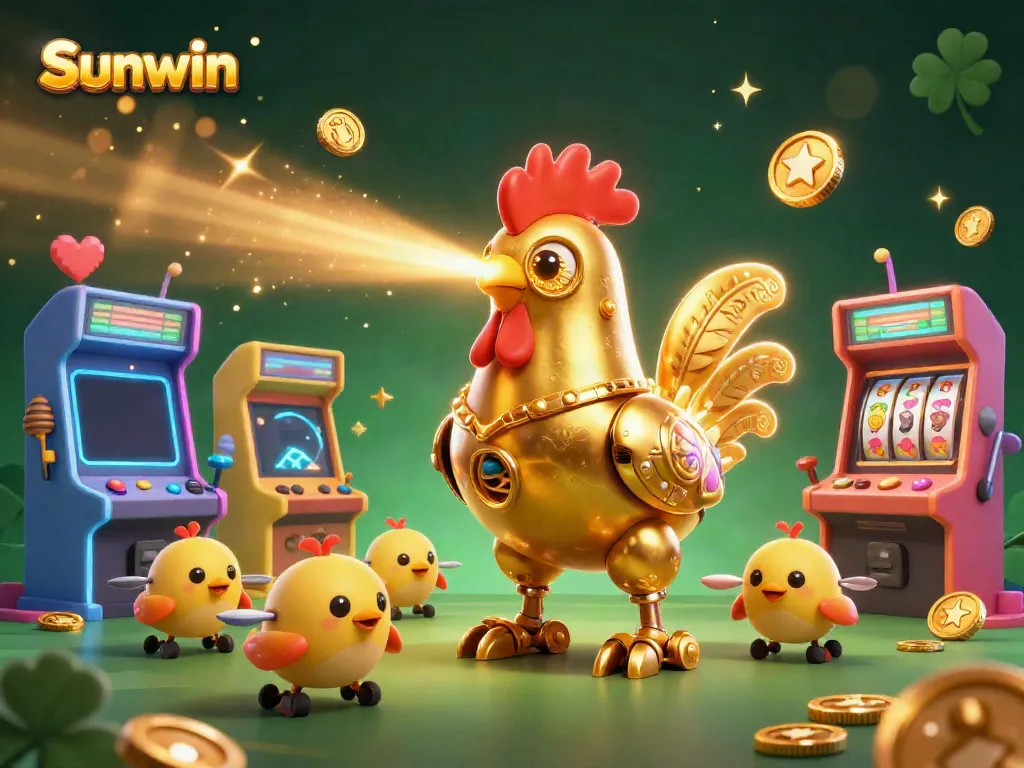 Experience thrilling gaming with Sunwin's vibrant casino illustration showcasing futuristic robots and retro arcades.