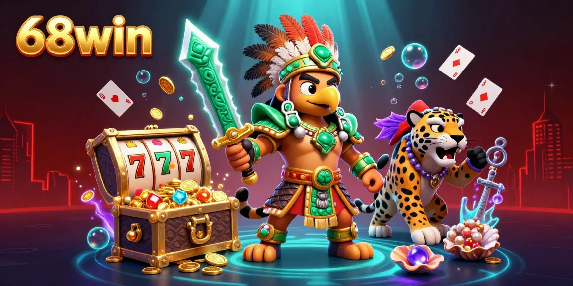 Immerse in excitement at 68win with a vibrant 3D casino scene featuring warriors and gold treasures.