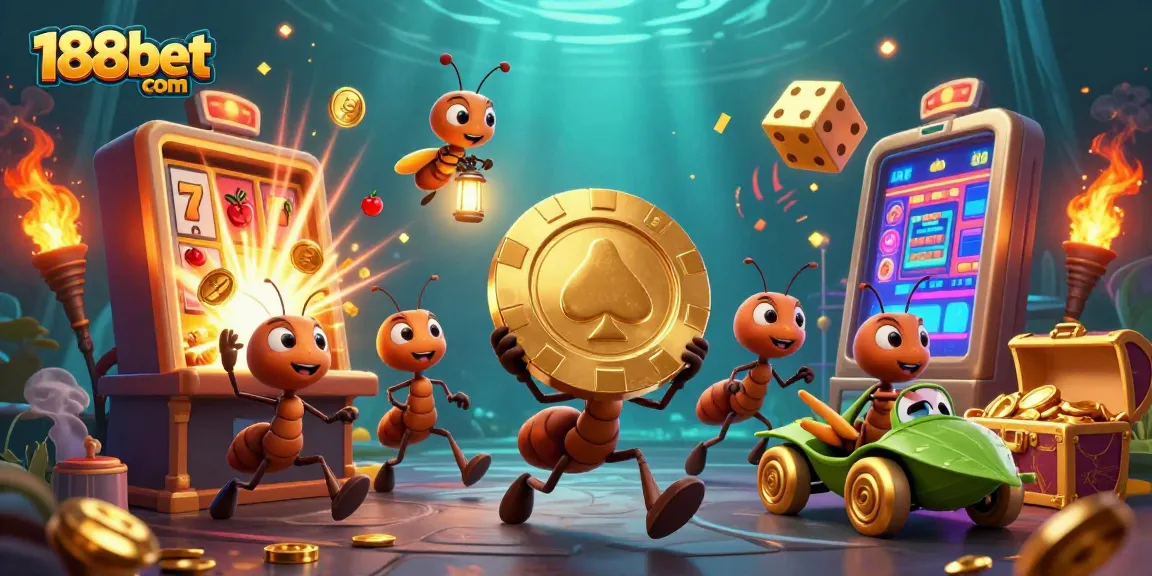 Experience the excitement of 188bet com in a dynamic heist scene with cartoon ants and casino elements.