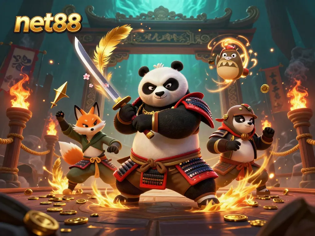 Engage in exciting gameplay at net88 with samurai panda and ninja fox surrounded by spirited elements.