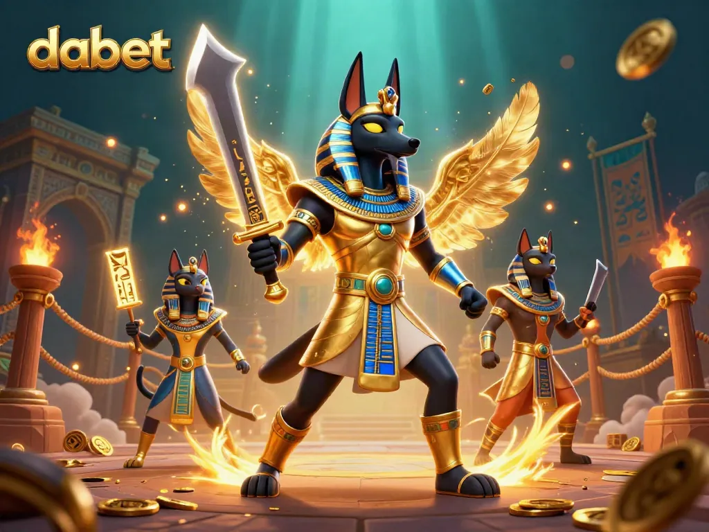 Play winning games at dabet with exciting 3D Egyptian warriors in a dynamic casino scene.