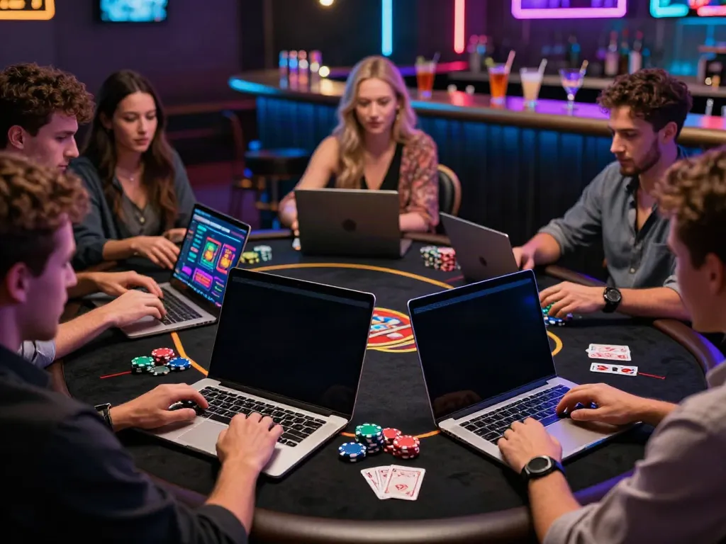 Players enjoying non UK casinos with vibrant graphics and cocktails.