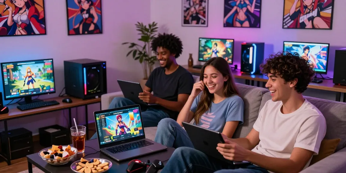 Friends enjoying gay hentai games on laptop and tablet in a vibrant living room.