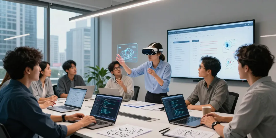 Team discussing AR glasses prototype in a modern tech office environment