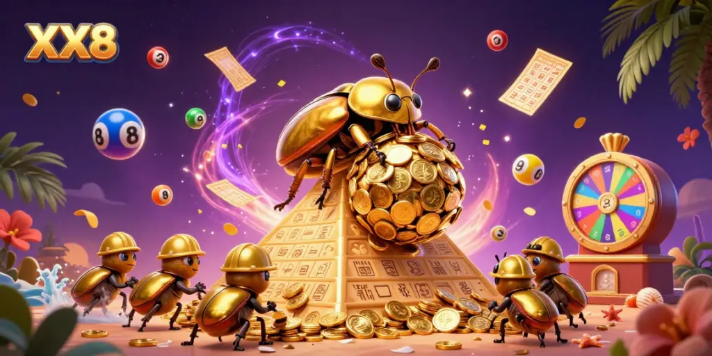 Experience the thrill of XX8 gaming with vibrant casino symbols and golden treasures.