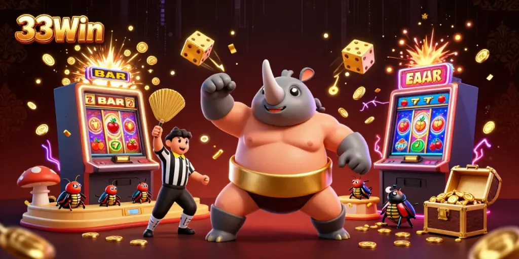 33Win slot game illustration featuring a rhinoceros beetle champion amidst a jackpot explosion of coins.