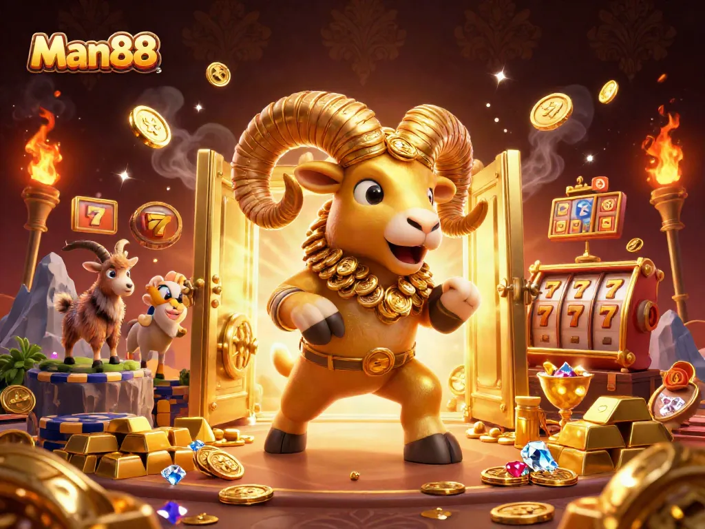 Experience thrilling slots at Man88 with a golden ram charging through treasure and vibrant casino elements.