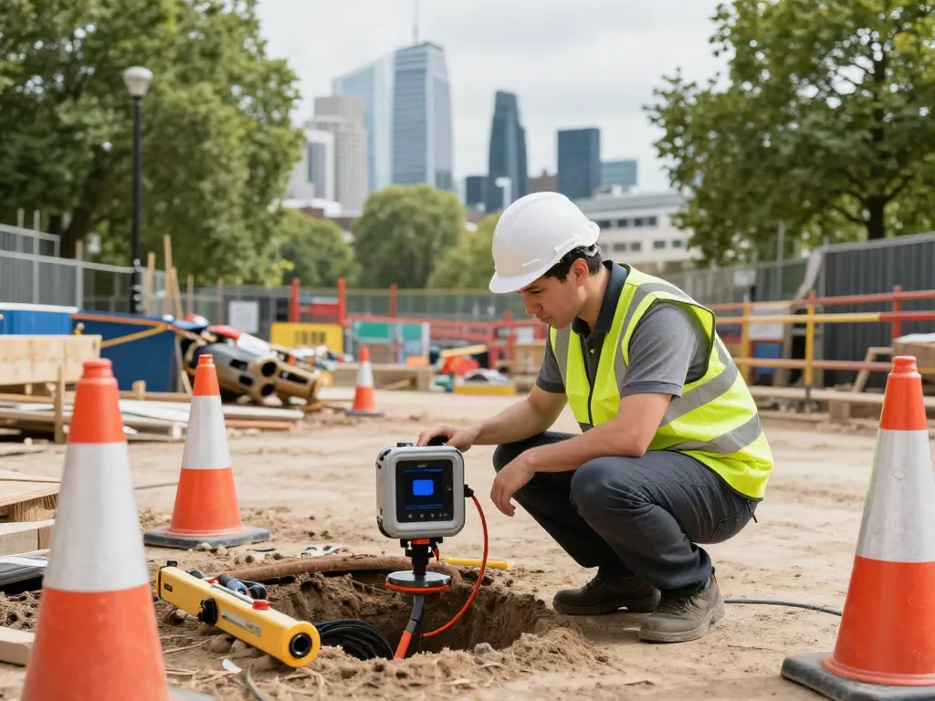 Buried Services Detection London with an engineer using ground-penetrating radar equipment on a construction site.