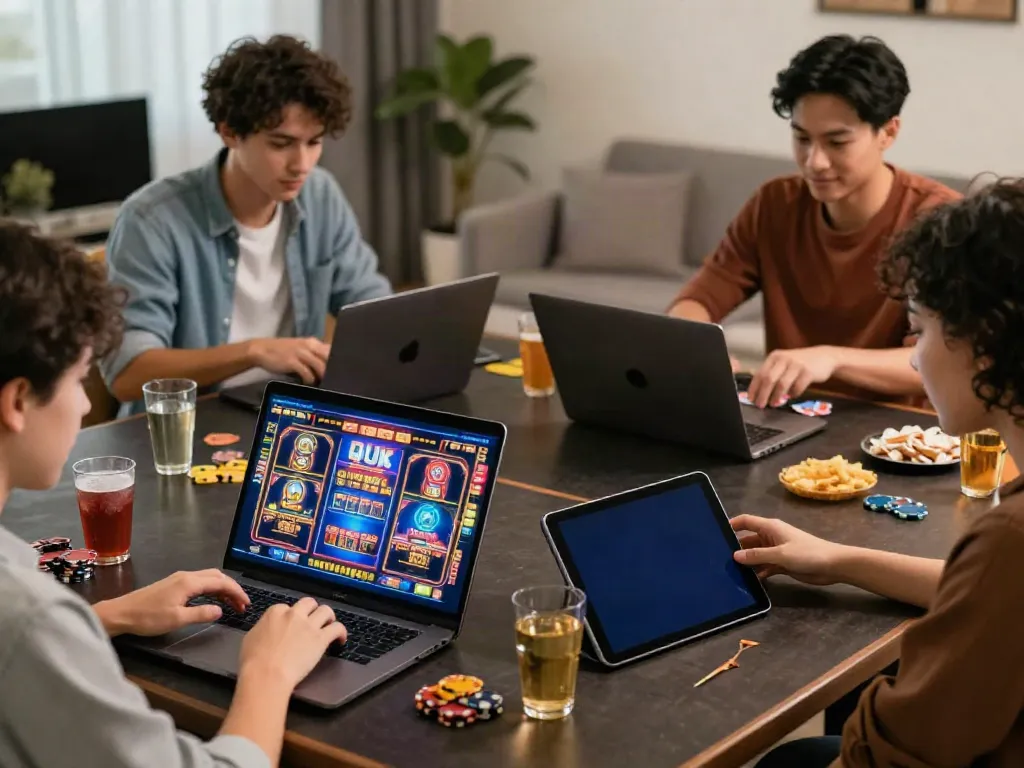 Group of players enjoying various non UK casinos games on different devices in a cozy home environment.