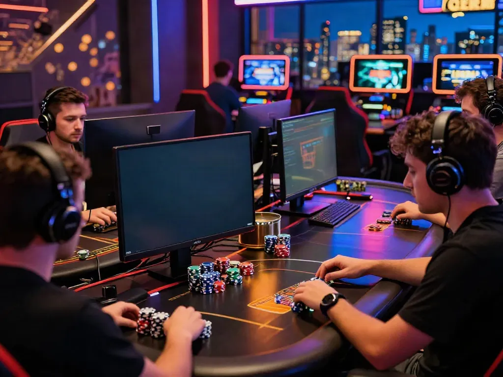 Exciting players engaging with non UK casinos in a vibrant online gaming setup.