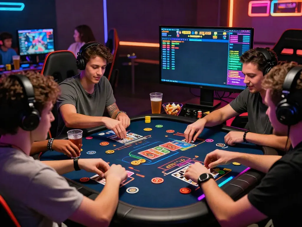 Friends enjoying a lively game night at non UK casinos, with engaging gameplay and a colorful atmosphere.