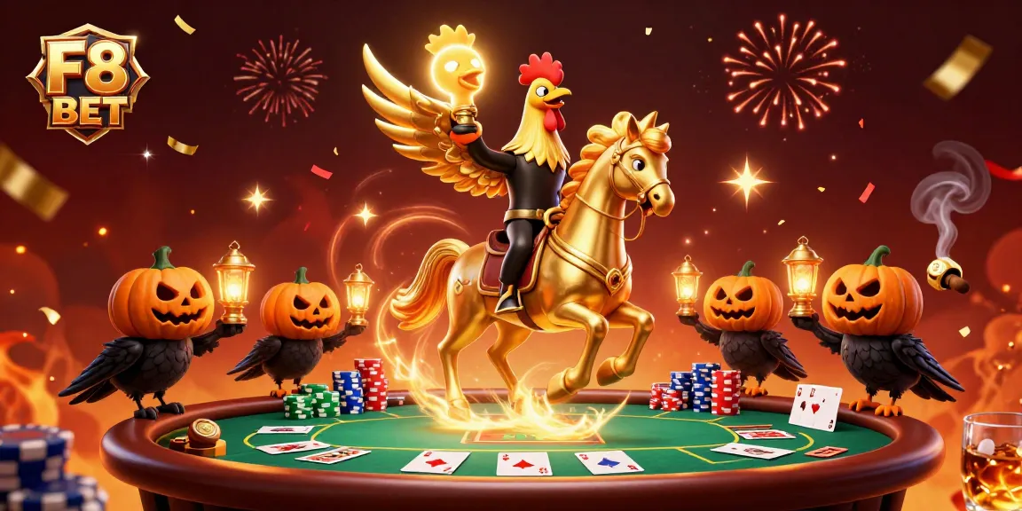 Experience thrilling casino action with F8 BET, as golden characters navigate a vibrant poker scene.