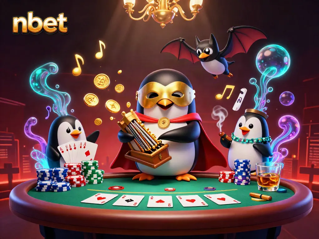 Experience vibrant gambling action with nbet as a cartoon penguin and bat animate the casino scene.