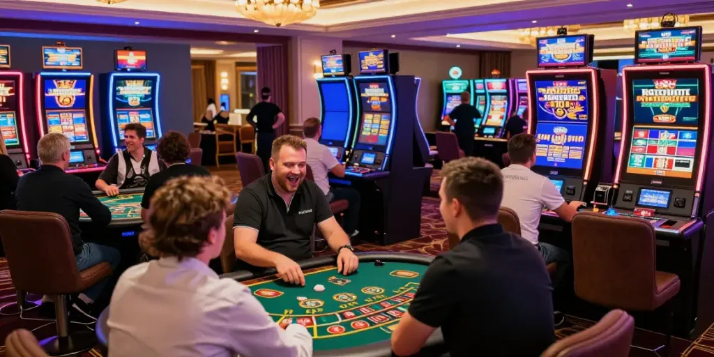 Exciting scene of players enjoying non UK casinos with vibrant lighting.