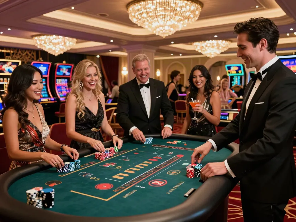 Guests enjoying games at non UK casinos in an elegant setting.