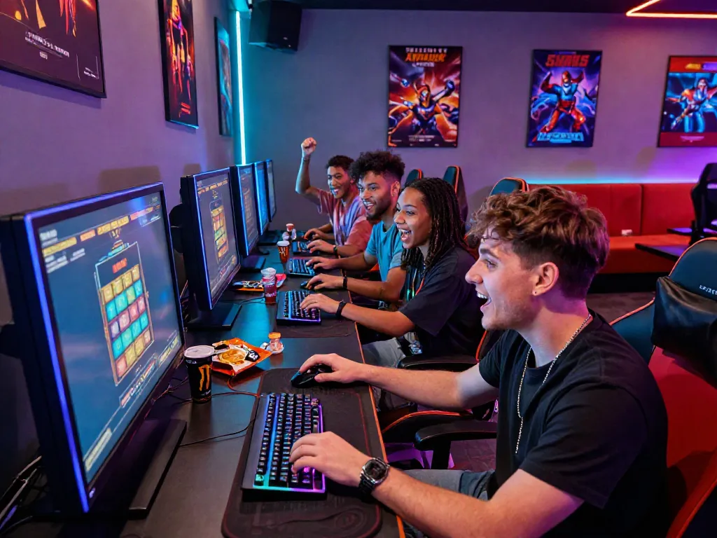 Friends enjoying non UK casinos gaming experience in modern setup