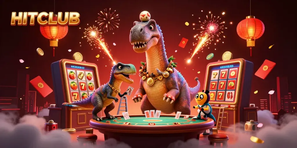 Experience the excitement of HITCLUB with a vibrant illustrated casino scene featuring dynamic 3D characters and gambling elements.