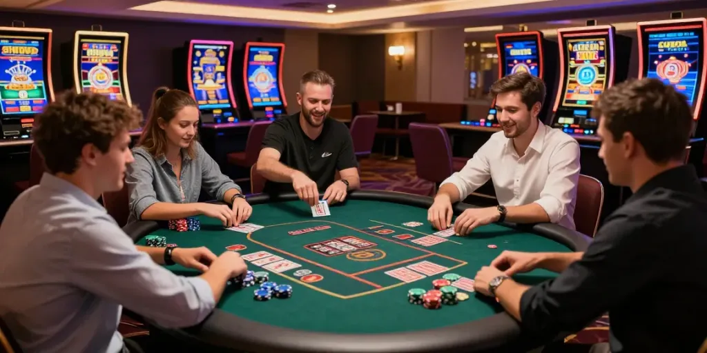 Exciting gaming atmosphere showcasing non UK casinos with players enjoying card games and slots.