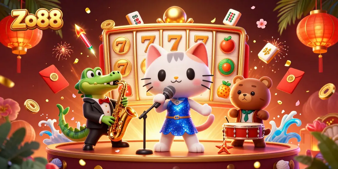 Experience Zo88's vibrant casino scene with a singing cat, saxophonist crocodile, and drum-playing bear.