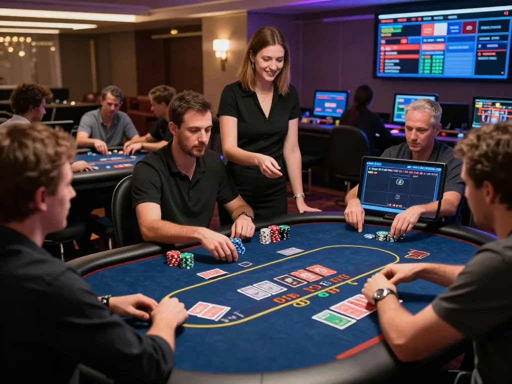 Exciting gameplay at non UK casinos with players at poker and roulette tables.