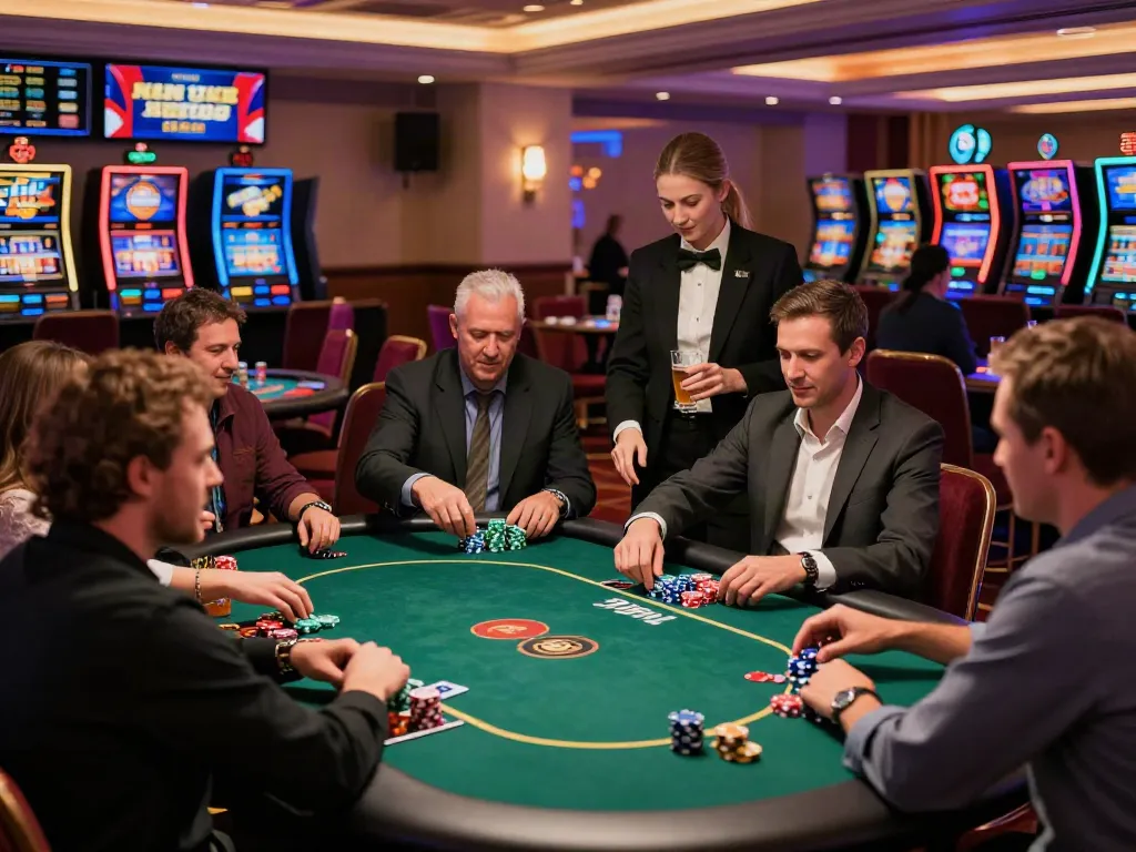 Players enjoying games at non UK casinos with vibrant atmosphere and upscale interiors.