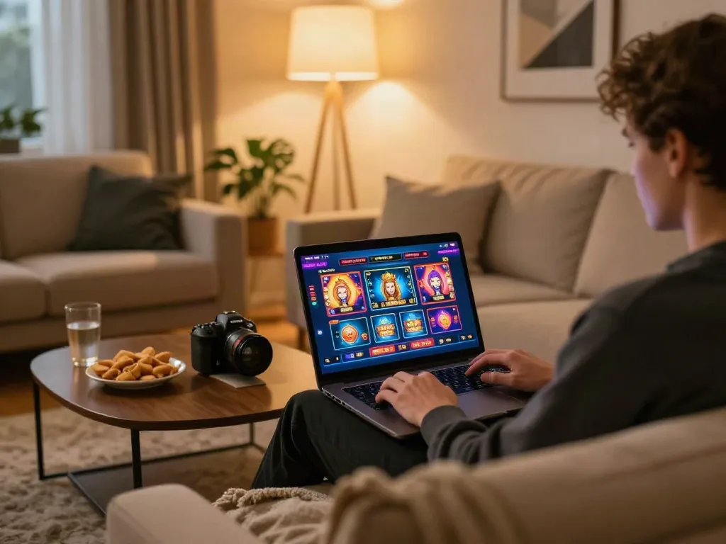 Engaging scene of a player enjoying non UK casinos on a laptop at home.