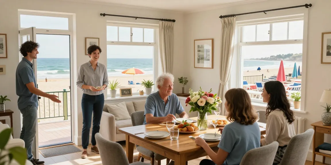 Brighton holiday-let management welcoming guests in a beachfront rental with inviting decor and beach view.