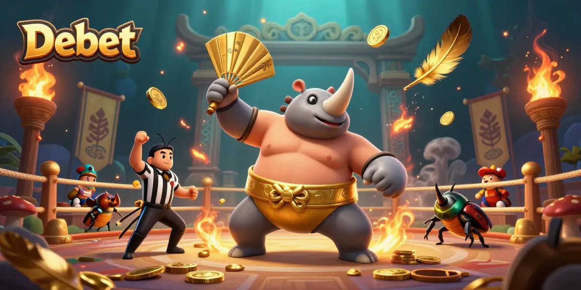 Experience thrilling gameplay with Debet, where a sumo beetle champion is surrounded by gold coins and betting excitement.