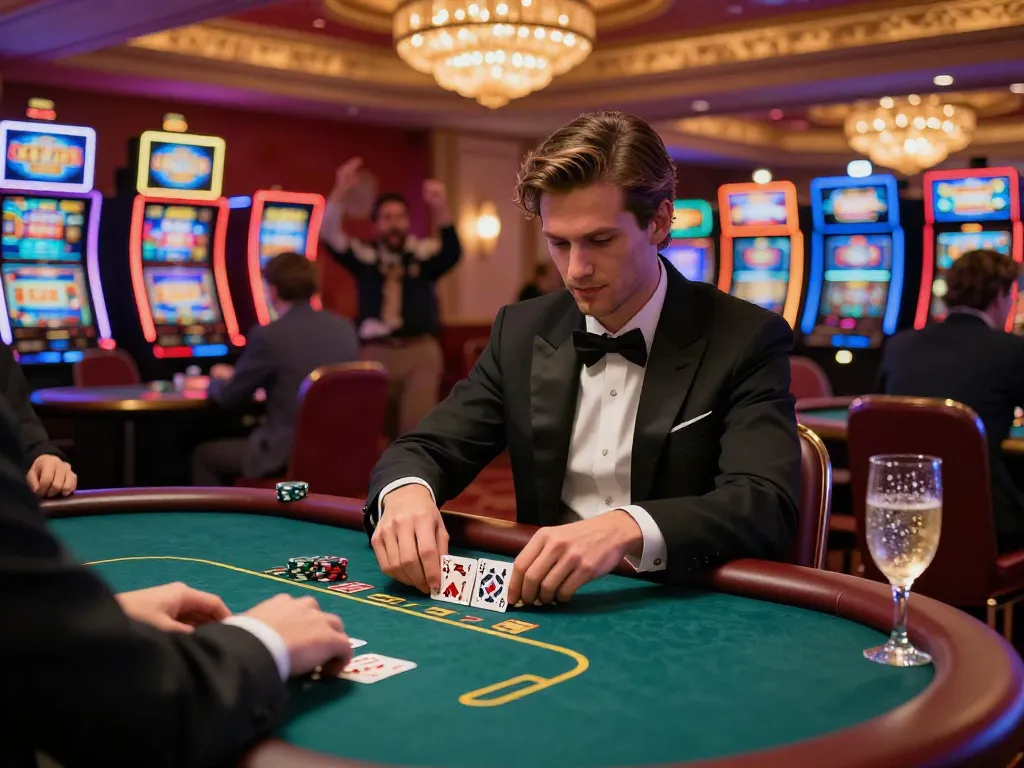Exciting atmosphere at a non UK casino with stylish players engaging at poker tables and vibrant lights.