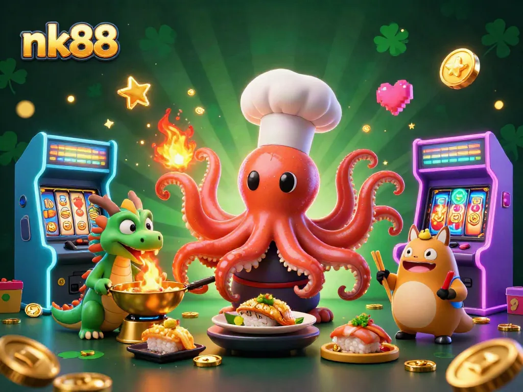 Engaging gameplay with nk88 at a vibrant casino featuring animated characters and slot machines.