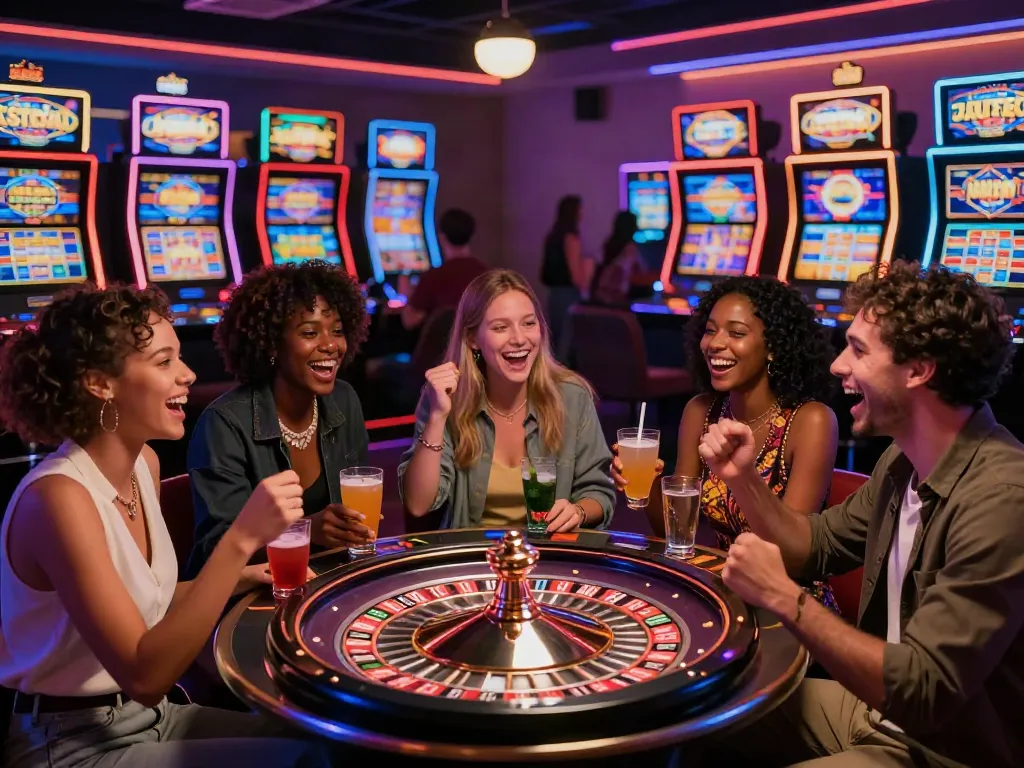 Friends celebrating at a vibrant non UK casino, enjoying games and nightlife excitement.