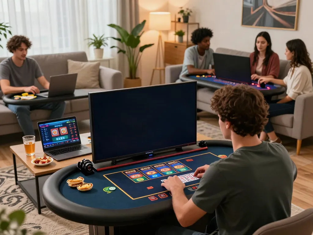 Engaged players enjoying non UK casinos experience in a vibrant home setting with gaming screens.
