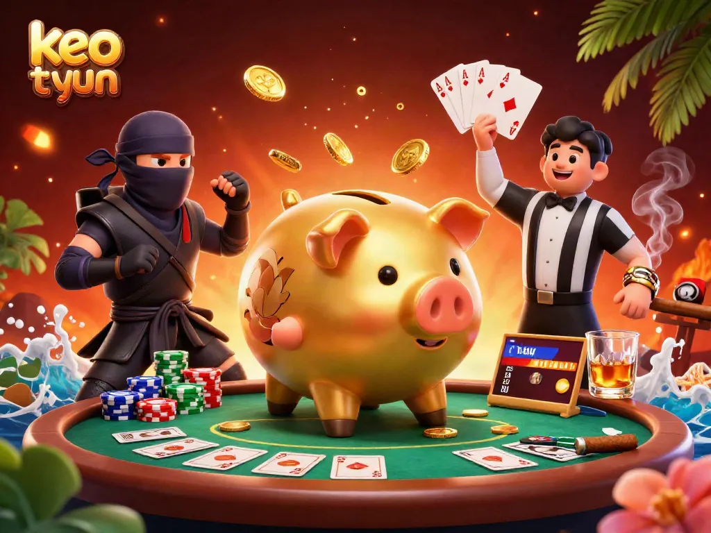 Join the excitement of keo truc tuyen with a sumo wrestler and ninja in a lively casino scene.