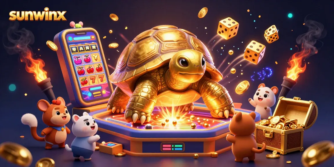 Experience exciting gameplay at sunwinx with vibrant slot machines, golden tortoise, and animated characters.