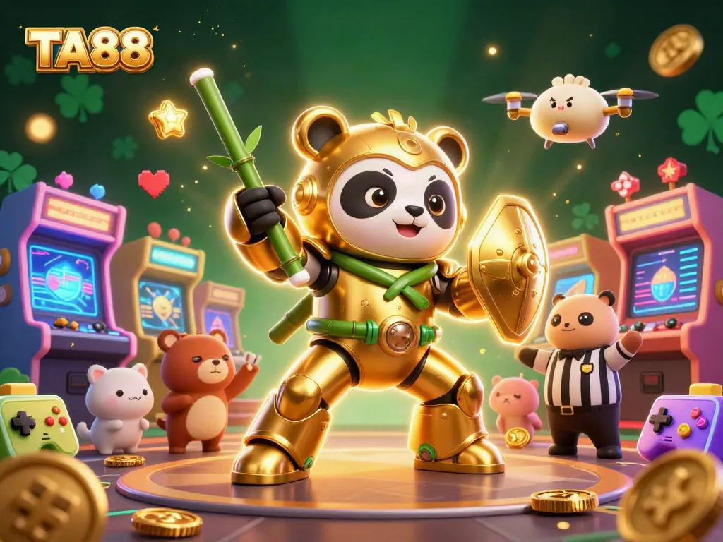 Engage with TA88's vibrant digital gaming world featuring a golden panda mech-suit in action.