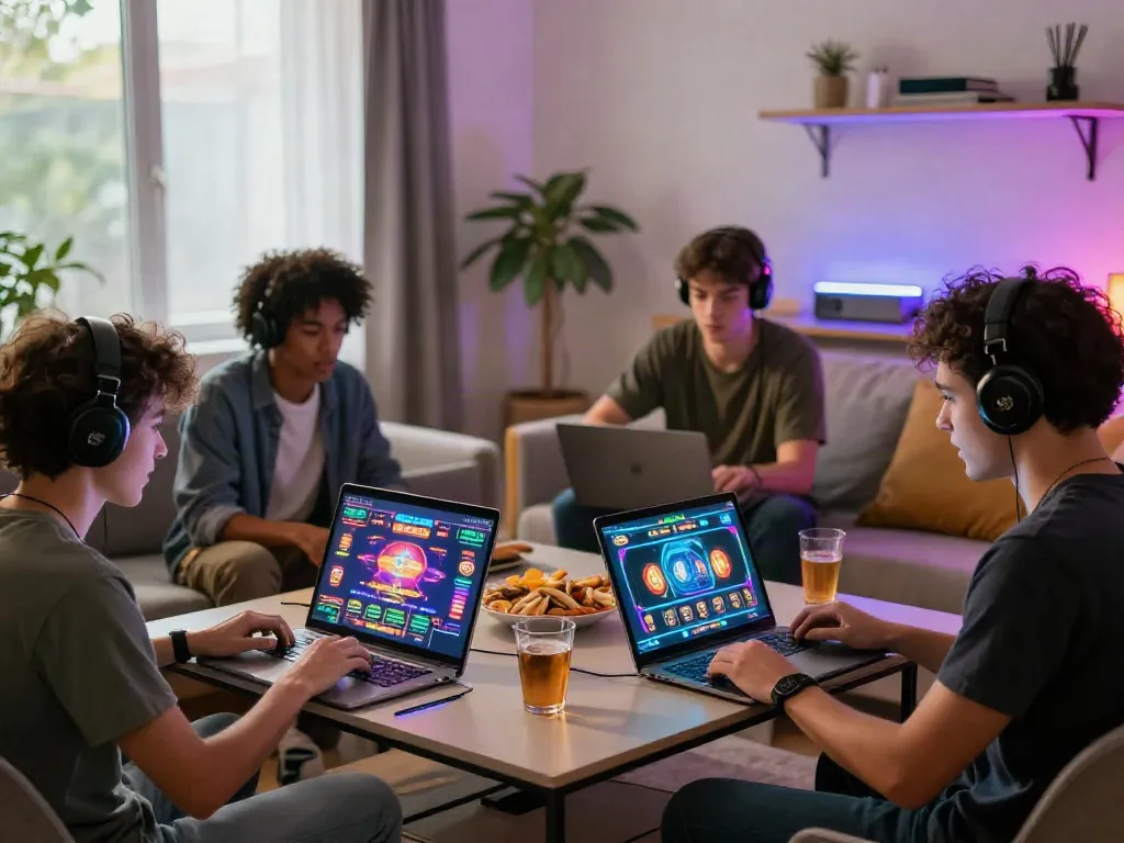 Friends enjoying a lively gaming session focused on non UK casinos in a stylish home.
