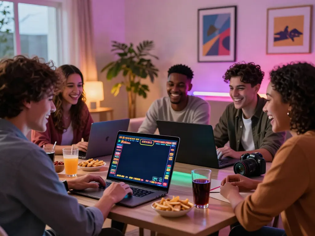 Exciting online gaming session in cozy living room with friends at non UK casinos.