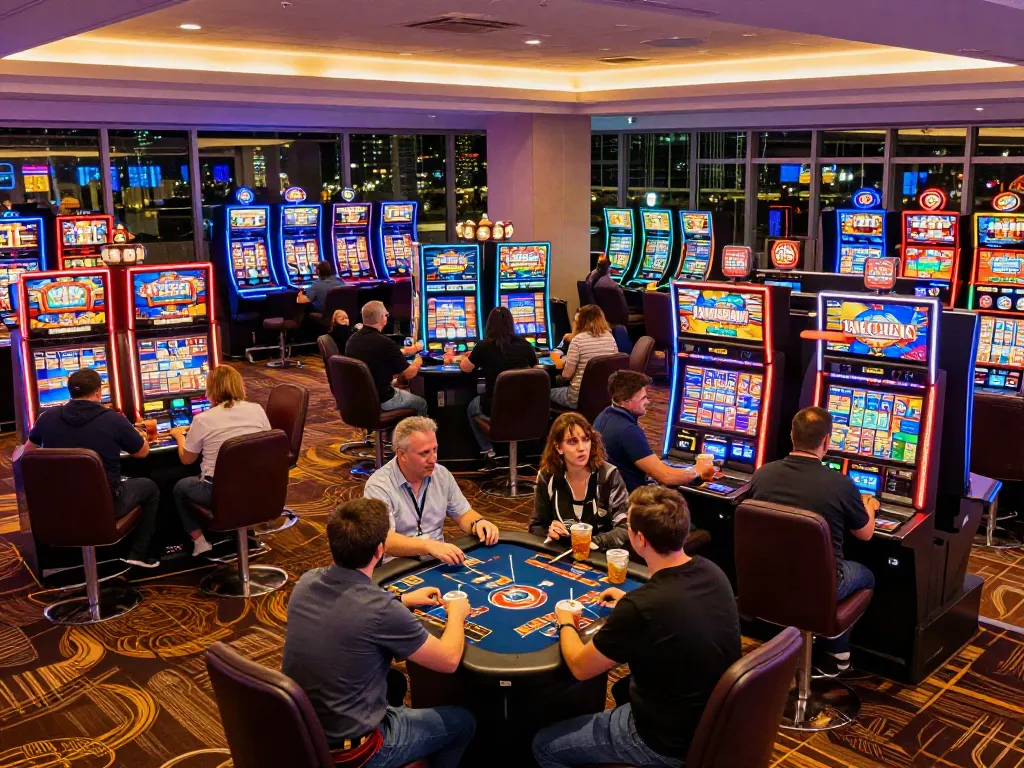 Engaging scene of players enjoying non UK casinos with vibrant gaming atmosphere.