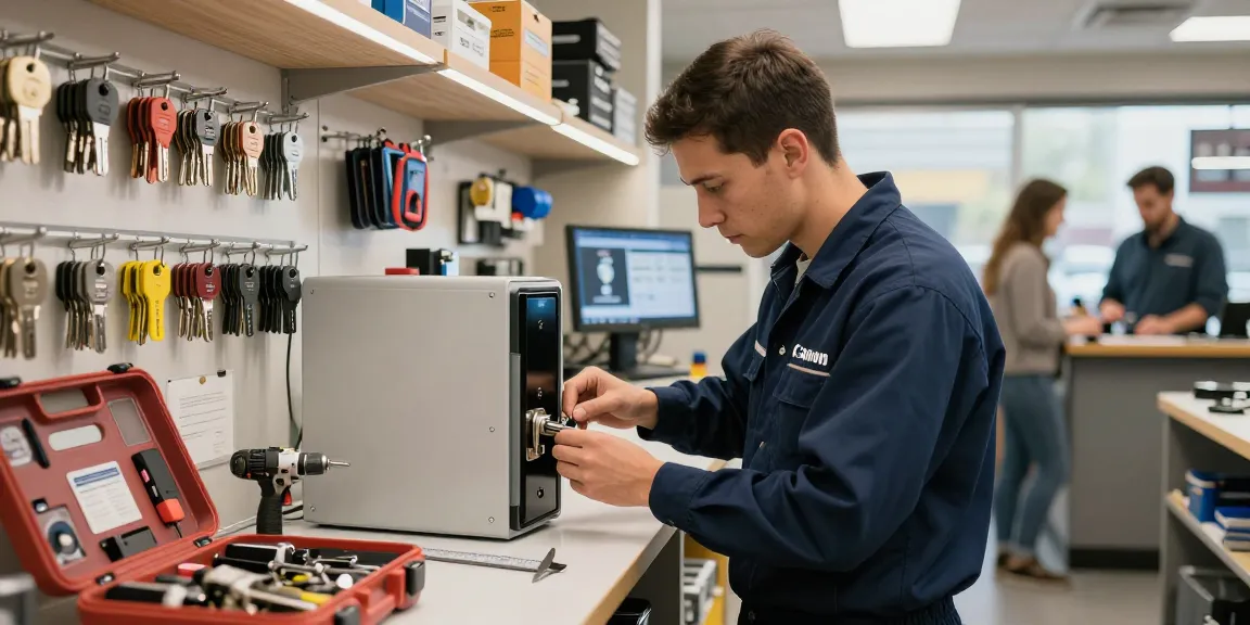 Commercial Locksmith Raleigh technician adjusting high-security locks in a professional workspace.