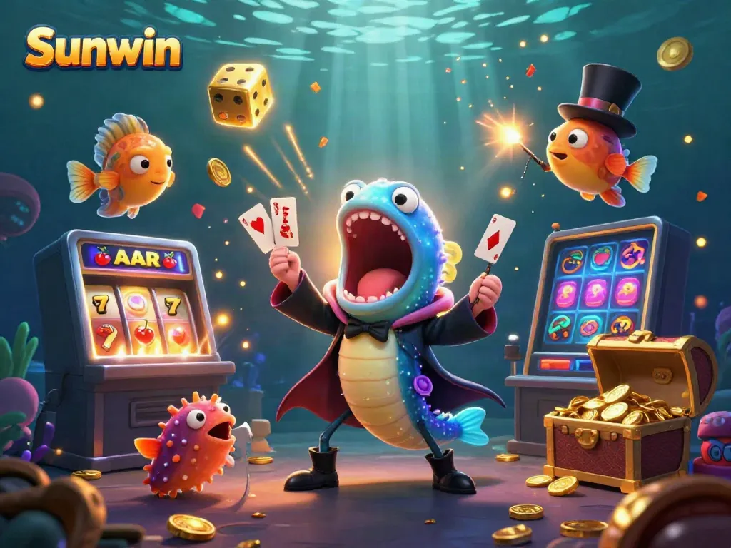 Experience the electrifying Sunwin gaming atmosphere with vibrant characters and dynamic casino elements.