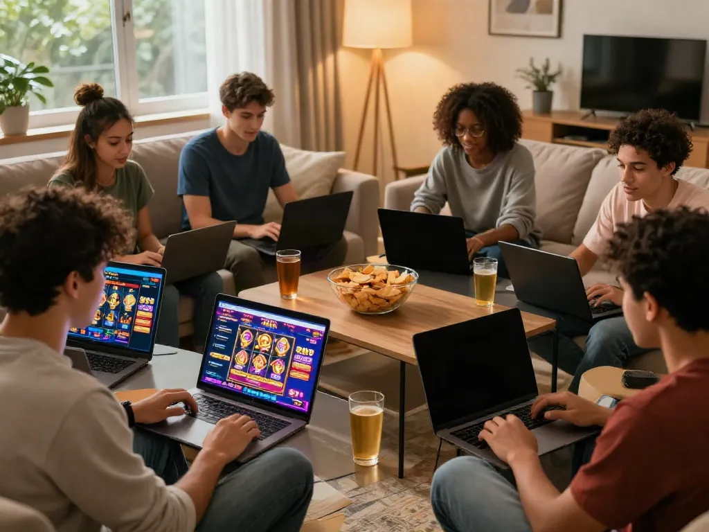 Friends enjoying games at non UK casinos in a cozy living room