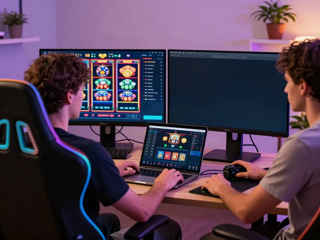 Engaged player enjoying non UK casinos online with vibrant screens and ambient lighting.