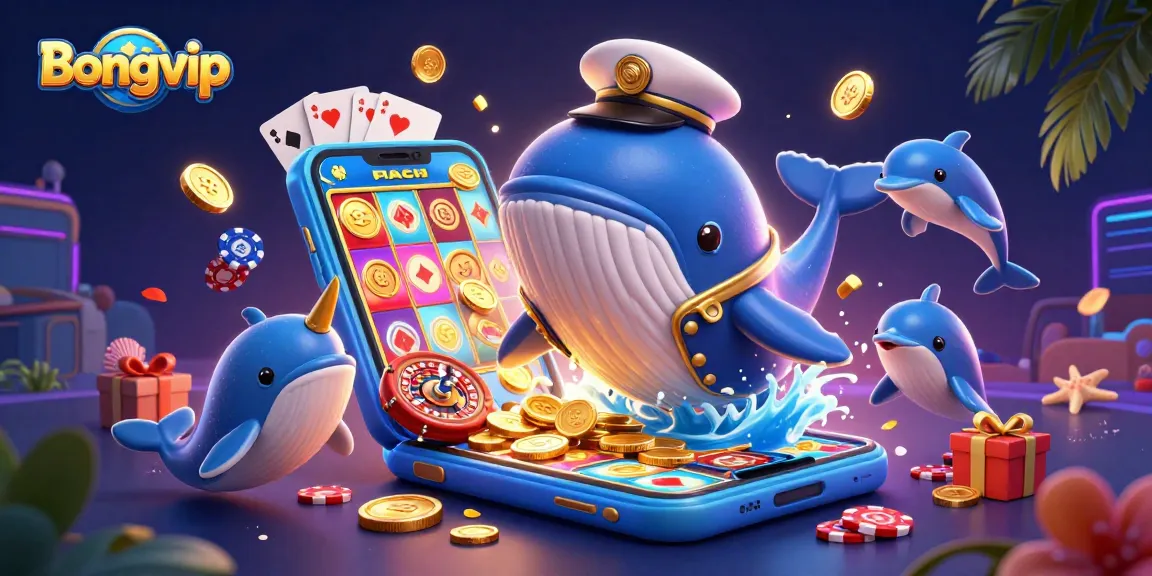 Bongvip engages players with vibrant 3D whale and dolphins playing poker amidst a sea of coins.