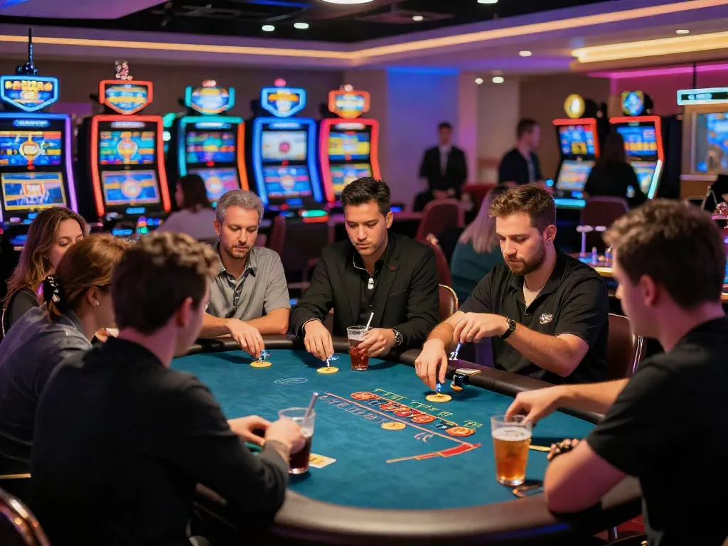 Players enjoying games at a lively non UK casino, showcasing vibrant atmosphere and thrilling interaction.